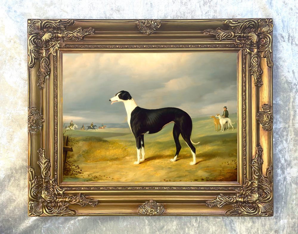 Framed Oleograph of a Prize Greyhound in an extensive landscape