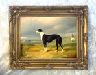 Framed Oleograph of a Prize Greyhound in an extensive landscape