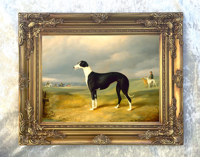 Framed Oleograph of a Prize Greyhound in an extensive landscape