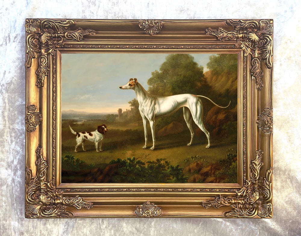 Fine Oleograph on Canvas - A  Greyhound & Spaniel in an extensive Landscape