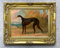 Fine Oleograph on Canvas - A Black Greyhound in a Landscape aft. Garrard