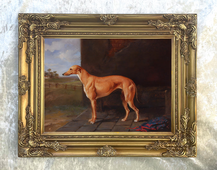 Gilt Framed Oleograph of a Greyhound by a Stable aft. Lilian Cheviot