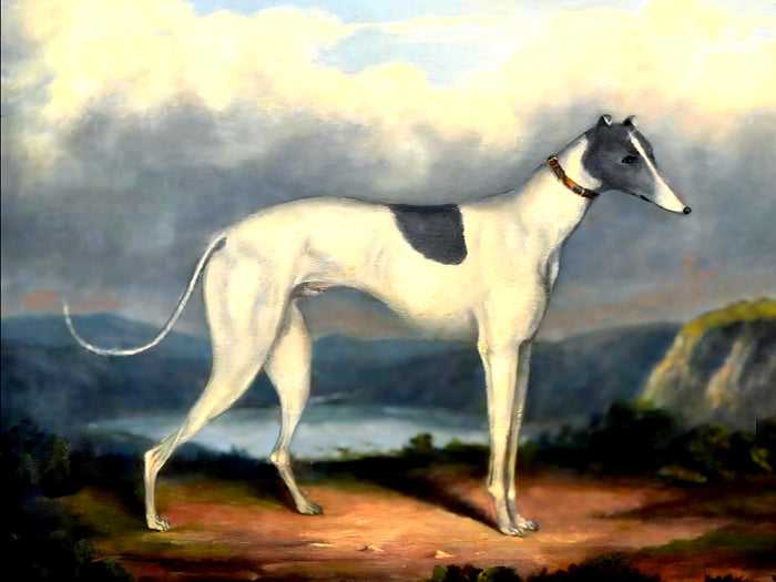 Gilt Framed Oleograph of a Greyhound in a Moorland Landscape