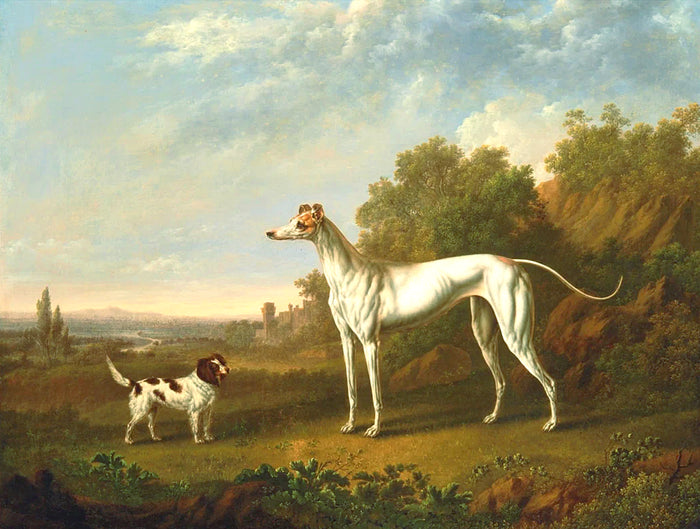 Gilt Framed Oleograph -  A Greyhound & Spaniel in a Landscape