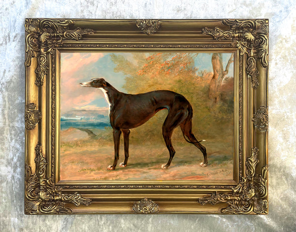 Fine Oleograph on Canvas - A Black Greyhound in a Landscape aft. Garrard