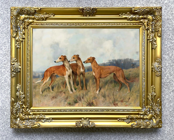 Framed Oleograph of 3 Greyhounds in a Moorland Landscape