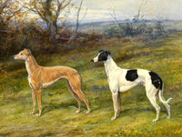 Fine Oleograph on Canvas - A Pair of Greyhounds in an extensive Landscape