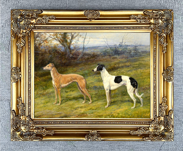 Fine Oleograph on Canvas - A Pair of Greyhounds in an extensive Landscape