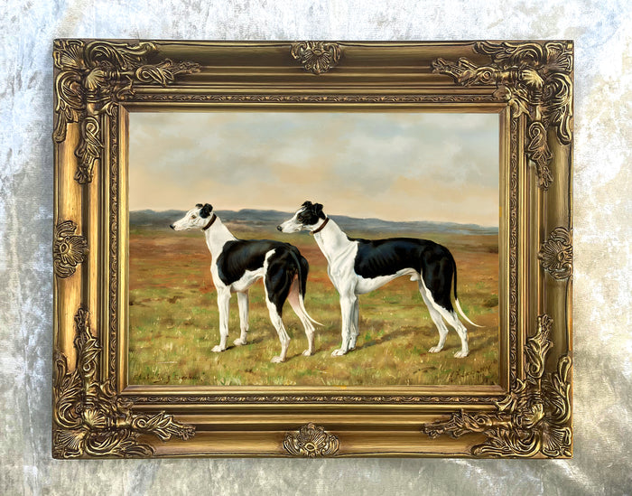 Fine Framed Oleograph on Canvas of a pair of Greyhounds in a Moorland Landscape