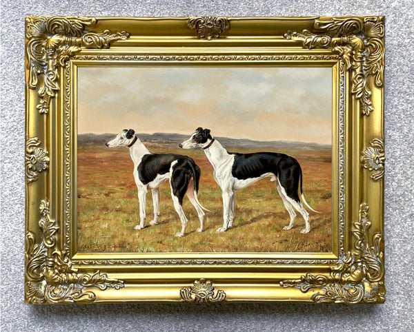 Fine Framed Oleograph on Canvas of a pair of Greyhounds in a Moorland Landscape