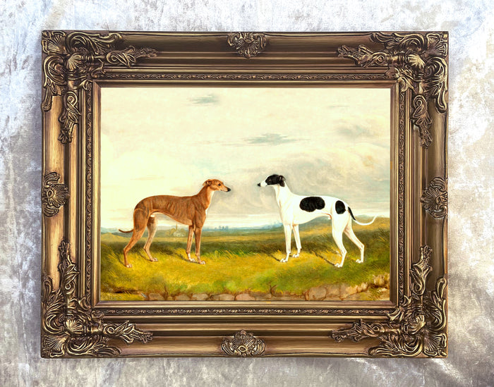 Fine Oleograph on Canvas - 2 Greyhounds in a Moorland Landscape