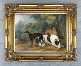 Gilt Framed Oleograph of 2 Greyhounds & a Mastiff in a Landscape