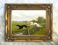 Excellent Oleograph on Canvas of Greyhounds leaping a Fence
