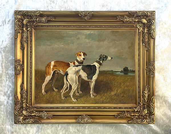 Fine Oleograph on Canvas - A Pair of Greyhounds in a River Landscape