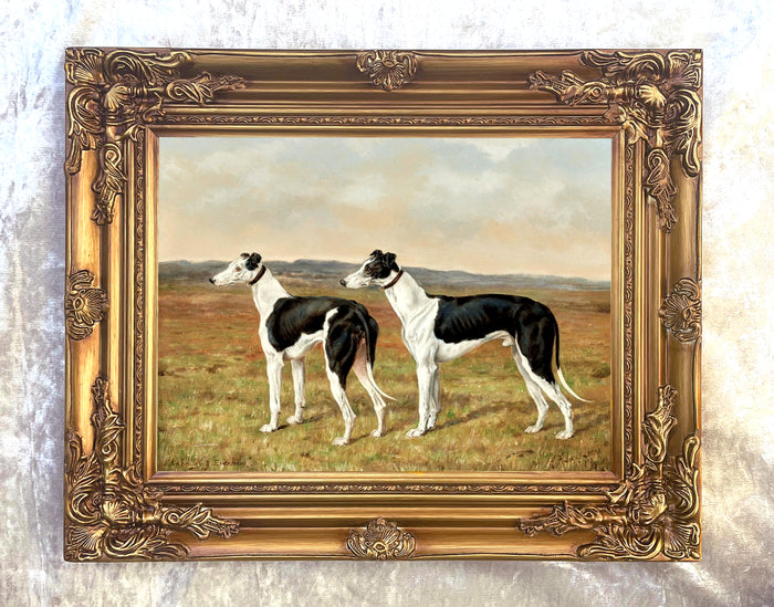 Gilt Framed Oleograph of a Pair of Black & White Greyhounds