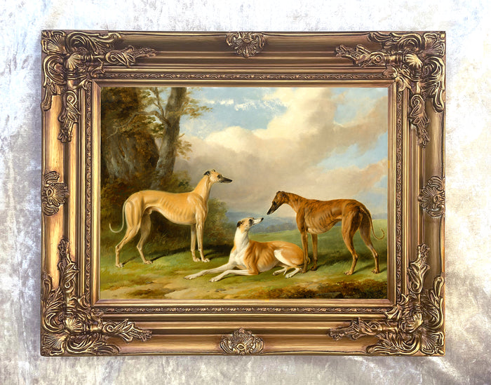 Fine Oleograph on Canvas - A Group of 3 Greyhounds in a Landscape