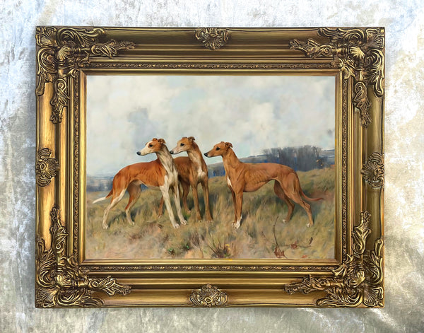 Framed Oleograph of 3 Greyhounds in a Moorland Landscape