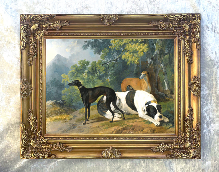 Gilt Framed Oleograph of 2 Greyhounds & a Mastiff in a Landscape