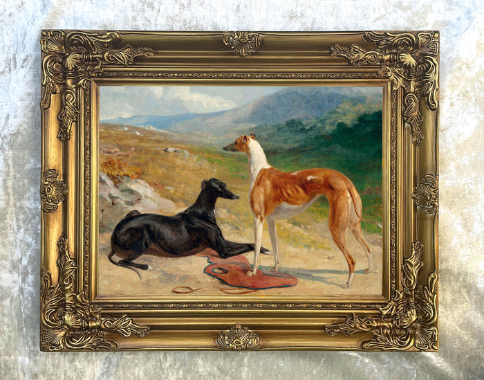 Gilt Framed Oleograph of an English Pointer of Greyhounds in a Landscape