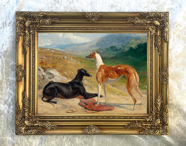Gilt Framed Oleograph of an English Pointer of Greyhounds in a Landscape