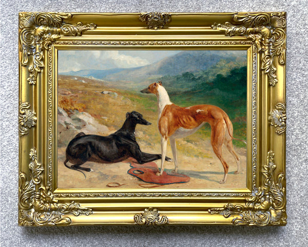 Gilt Framed Oleograph of an English Pointer of Greyhounds in a Landscape