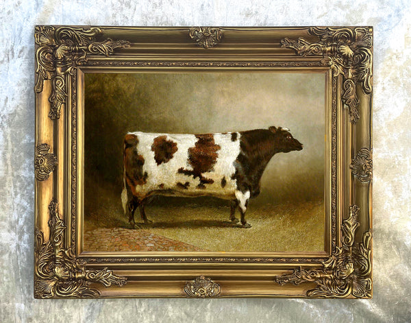 Fine Oleograph on Canvas of a Prize Heifer in a Yard