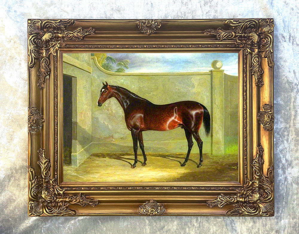 Fine Large Oleograph on Canvas - Bay Horse in a Stable Yard