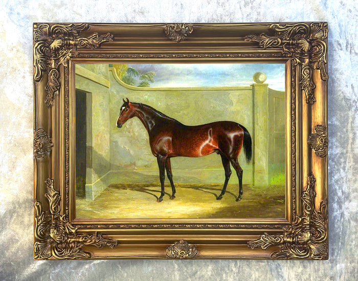 Fine Large Oleograph on Canvas - Bay Horse in a Stable Yard