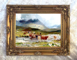Fine Oleograph on Canvas of Highland Cattle crossing a Stream