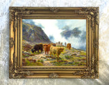 Fine Oleograph on Canvas of Highland Cattle in the Mountains