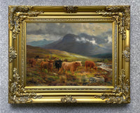 Gilt Framed Angling Oleograph Highland Cattle in a Glen