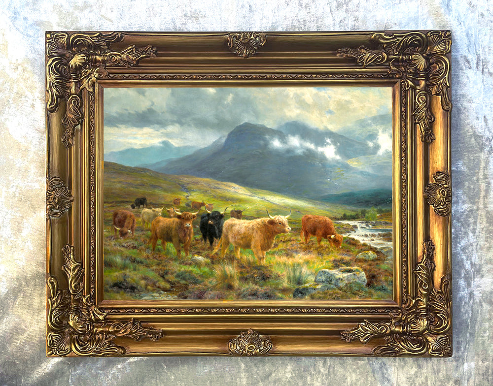 Gilt Framed Oleograph Highland Cattle in a Glen