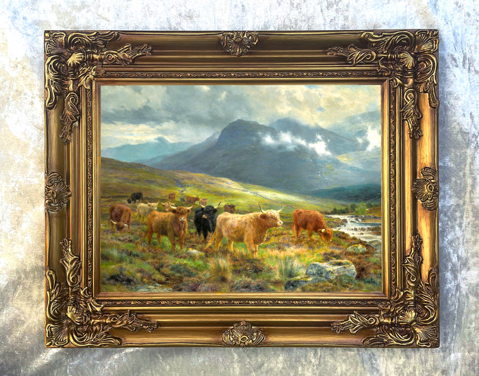 Gilt Framed Oleograph Highland Cattle in a Glen
