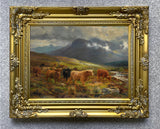 Gilt Framed Angling Oleograph Highland Cattle in a Glen