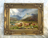 Fine Oleograph on Canvas of a Herd of Highland Cattle by a Loch