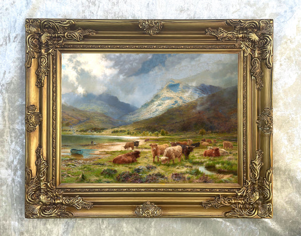 Fine Oleograph on Canvas of a Herd of Highland Cattle by a Loch