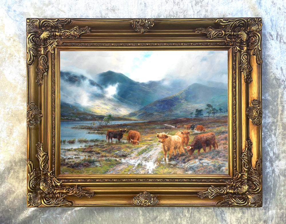 Fine Oleograph on Canvas of a Herd of Highland Cattle by a Loch "after the shower"