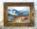 Fine Oleograph on Canvas of a Herd of Highland Cattle by a Loch "after the shower"