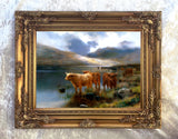 Highland Cattle by a Loch- Fine Oleograph on Canvas after Bosworth Hurt
