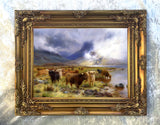 Highland Cattle by the Tay - Fine Oleograph on Canvas after Bosworth Hurt