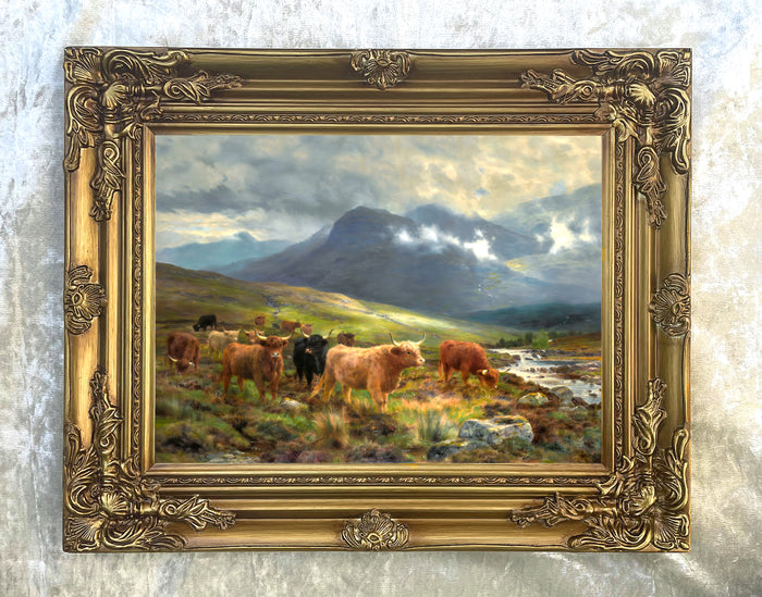 Fine Oleograph on Canvas of Highland Cattle by a Stream