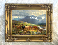 Fine Oleograph on Canvas of Highland Cattle by a Stream