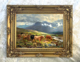 Fine Oleograph on Canvas of Highland Cattle by a Stream