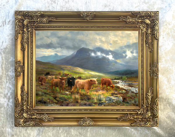 Fine Oleograph on Canvas of Highland Cattle by a Stream