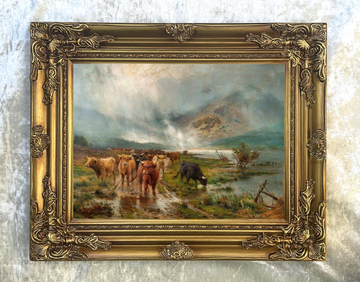 Highland Cattle watering - Fine Oleograph on Canvas after Bosworth Hurt