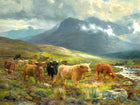 Gilt Framed Oleograph Highland Cattle in a Glen