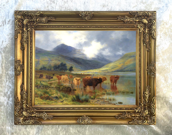 Fine Oleograph on Canvas of Highland Cattle watering by a Loch