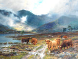 Fine Oleograph on Canvas of a Herd of Highland Cattle by a Loch "after the shower"
