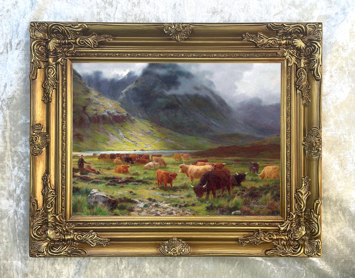 A Herd of Highland Cattle grazing - Fine Oleograph on Canvas after Bosworth Hurt