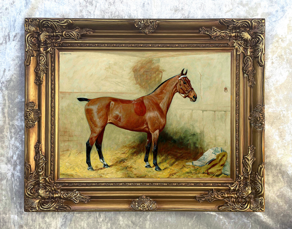 Oleograph on Canvas of the Racehorse "Henrietta" in a stable